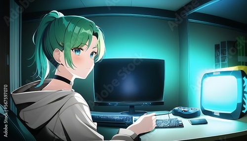 Anime girl sitting at a desk in front of a computer photo