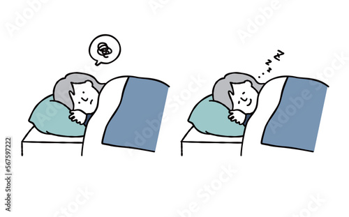 不眠症で悩む女性と熟睡する女性のイラスト素材　ブルー