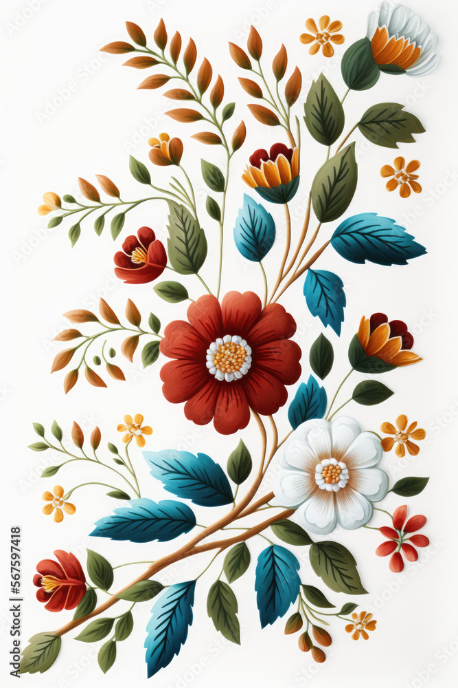 gouache painted flowers pattern on white background 