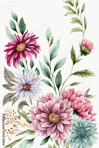 gouache painted flowers pattern on white background © Alexander