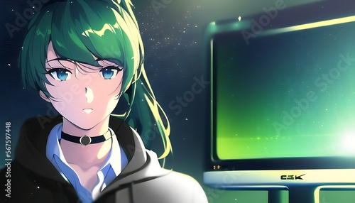 Anime girl with green hair standing in front of a computer screen, shiny eyes, glowing neon. photo