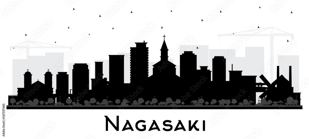 Nagasaki Japan City Skyline Silhouette with Black Buildings Isolated on White. Vector Illustration. Nagasaki Cityscape with Landmarks.