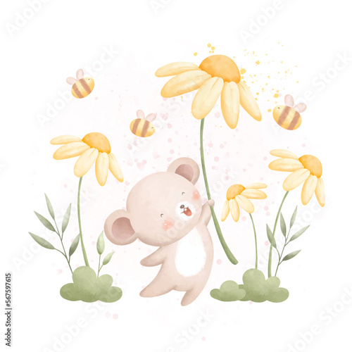 Watercolor Illustration cute mouse and spring flowers in the garden 