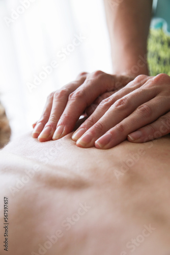 Close up of hands doing manipulative massage on female back. Health, body care, medicine concept. Copy space. Vertical.