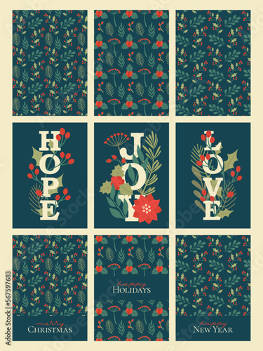 Collection of vector Christmas cards and backgrounds with flat winter plants, flowers, text "JOY", "HOPE", "LOVE". Floral illustrations with holly berry, mistletoe, pine branches, leaves, lettering.