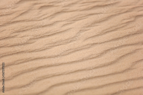 Top view of beautiful golden sand dunes with ripples in desert