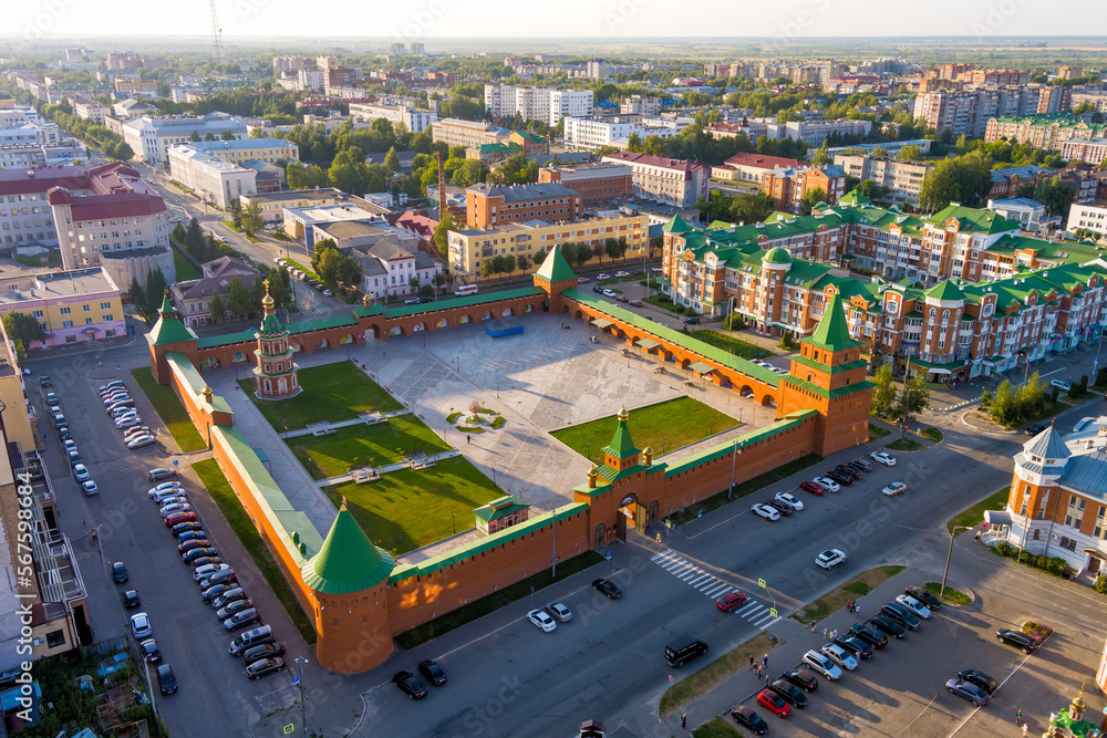 Yoshkar-Ola, Russia. Tsarevokokshaysky Kremlin. Sunset time. Aerial view
