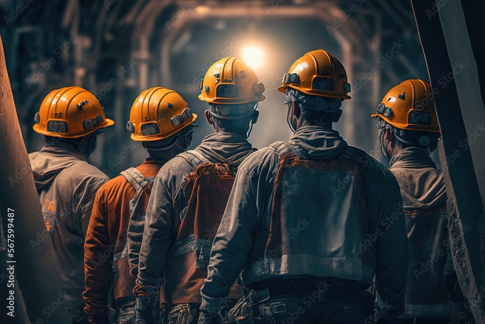 Group of mine workers wearing helmets. Generative AI. - obrazy, fototapety, plakaty 