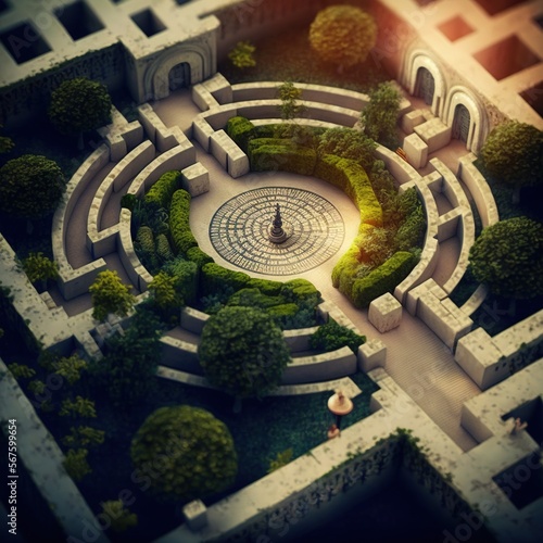 Beautiful labyrinth from above. Generative AI.