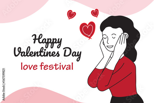 concept of love happy shy flat girl woman valentine day with heart vector background. girl woman love valentine day with red heart vector flat style background.