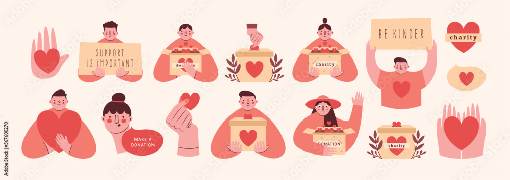 Set of cute minimal cliparts with volunteers, activists, box for donation, placard, banner, persons, hands, hearts. Modern cartoon illustrations. Volunteering, supporting, humanism, charity conception