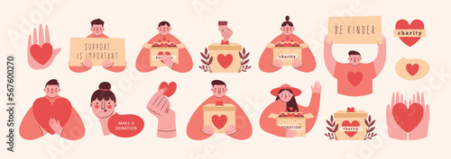 Set of cute minimal cliparts with volunteers, activists, box for donation, placard, banner, persons, hands, hearts. Modern cartoon illustrations. Volunteering, supporting, humanism, charity conception