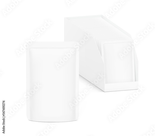 Open pos display box with pouch bags mockup. Vector illustration isolated on white background. Easy to use for your product. EPS10.	