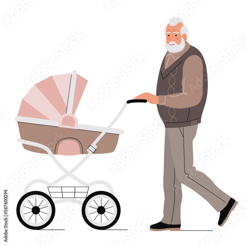 elderly man with a baby stroller on a walk