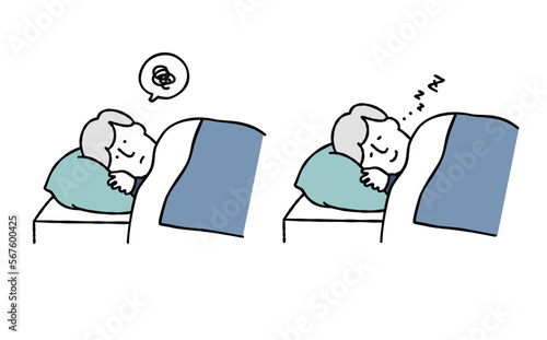 不眠症で悩む男性と熟睡する男性のイラスト素材　ブルー