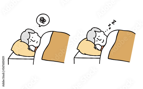 不眠症で悩む男性と熟睡する男性のイラスト素材　イエロー