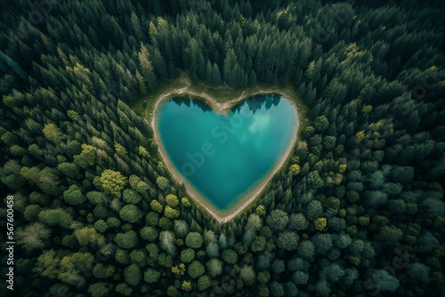 Heart-shaped lake in beautiful forest, aerial view background illustration. Valentine's day love. 