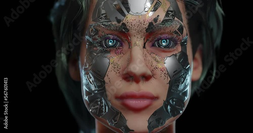 Artificial intelligence technology, robot girl awakening, cyberpunk concept on transparent background, seampless loop
 photo
