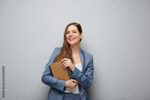 Woman holding business paper, teacher or smiling student girl portrait..