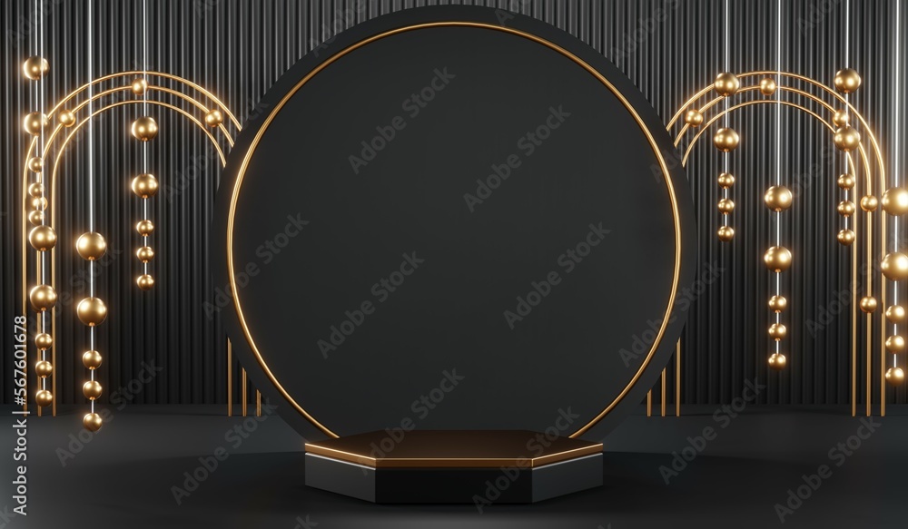 3d render of abstract realistic studio room with Luxury round pedestal stand podium with golden glitter in shape backdrop. Luxury black friday sale scene for product display presentation background 3d render of abstract realistic studio room with Luxury round pedestal stand podium with golden glitter in shape backdrop. Luxury black friday sale scene for product display presentation background