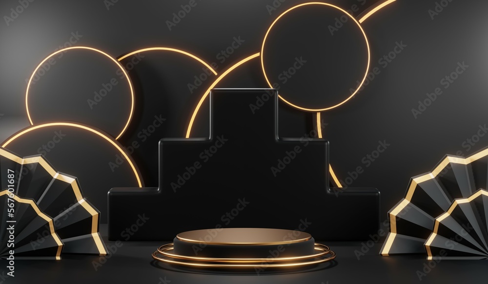 3d render of abstract realistic studio room with Luxury round pedestal stand podium with golden glitter in shape backdrop. Luxury black friday sale scene for product display presentation background