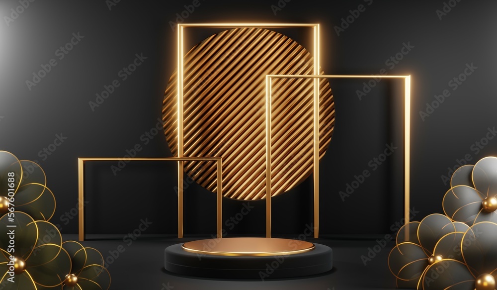 3d render of abstract realistic studio room with Luxury round pedestal stand podium with golden glitter in shape backdrop. Luxury black friday sale scene for product display presentation background 3d render of abstract realistic studio room with Luxury round pedestal stand podium with golden glitter in shape backdrop. Luxury black friday sale scene for product display presentation background