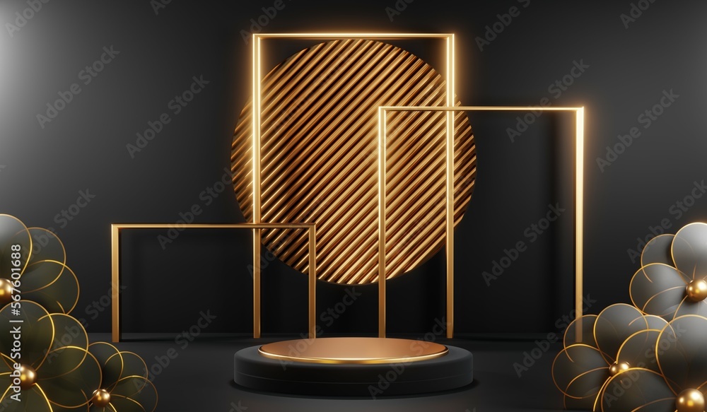 3d render of abstract realistic studio room with Luxury round pedestal stand podium with golden glitter in shape backdrop. Luxury black friday sale scene for product display presentation background