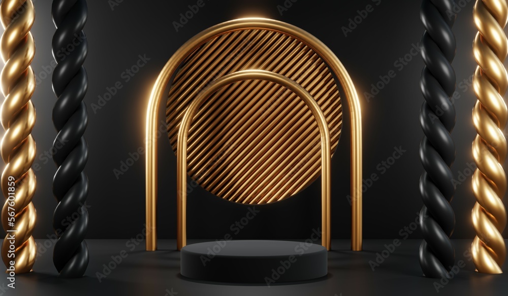 3d render of abstract realistic studio room with Luxury round pedestal stand podium with golden glitter in shape backdrop. Luxury black friday sale scene for product display presentation background 3d render of abstract realistic studio room with Luxury round pedestal stand podium with golden glitter in shape backdrop. Luxury black friday sale scene for product display presentation background