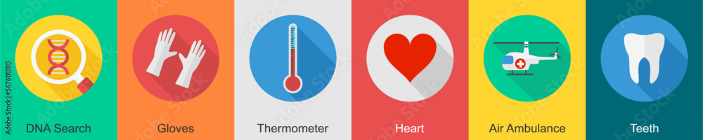 A set of 6 Medical icons as dna search, gloves, thermometer A set of 6 Medical icons as dna search, gloves, thermometer