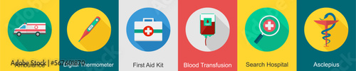 A set of 6 Medical icons as ambulance, digital thermometer, first aid kit