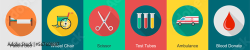 A set of 6 Medical icons as patient bed, wheel chair, scissor