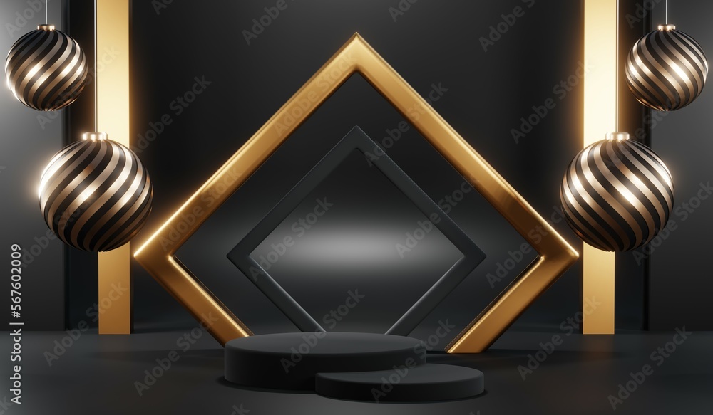 3d render of abstract realistic studio room with Luxury round pedestal stand podium with golden glitter in shape backdrop. Luxury black friday sale scene for product display presentation background 3d render of abstract realistic studio room with Luxury round pedestal stand podium with golden glitter in shape backdrop. Luxury black friday sale scene for product display presentation background