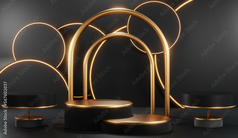 3d render of abstract realistic studio room with Luxury round pedestal stand podium with golden glitter in shape backdrop. Luxury black friday sale scene for product display presentation background 3d render of abstract realistic studio room with Luxury round pedestal stand podium with golden glitter in shape backdrop. Luxury black friday sale scene for product display presentation background