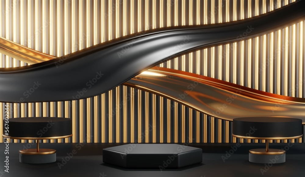 3d render of abstract realistic studio room with Luxury round pedestal stand podium with golden glitter in shape backdrop. Luxury black friday sale scene for product display presentation background 3d render of abstract realistic studio room with Luxury round pedestal stand podium with golden glitter in shape backdrop. Luxury black friday sale scene for product display presentation background
