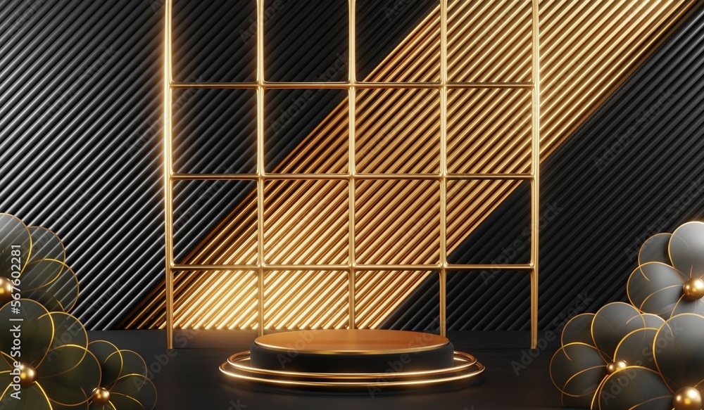 3d render of abstract realistic studio room with Luxury round pedestal stand podium with golden glitter in shape backdrop. Luxury black friday sale scene for product display presentation background 3d render of abstract realistic studio room with Luxury round pedestal stand podium with golden glitter in shape backdrop. Luxury black friday sale scene for product display presentation background