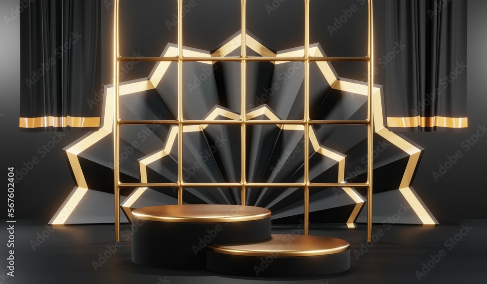 3d render of abstract realistic studio room with Luxury round pedestal stand podium with golden glitter in shape backdrop. Luxury black friday sale scene for product display presentation background