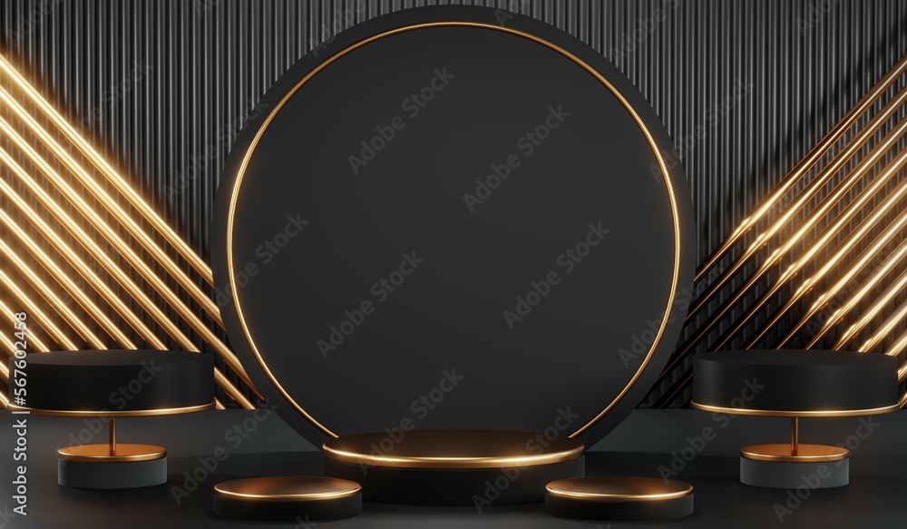 3d render of abstract realistic studio room with Luxury round pedestal stand podium with golden glitter in shape backdrop. Luxury black friday sale scene for product display presentation background 3d render of abstract realistic studio room with Luxury round pedestal stand podium with golden glitter in shape backdrop. Luxury black friday sale scene for product display presentation background