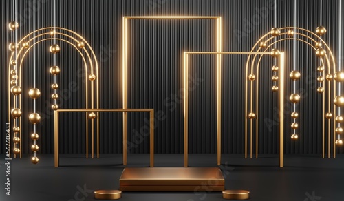 3d render of abstract realistic studio room with Luxury round pedestal stand podium with golden glitter in shape backdrop. Luxury black friday sale scene for product display presentation background