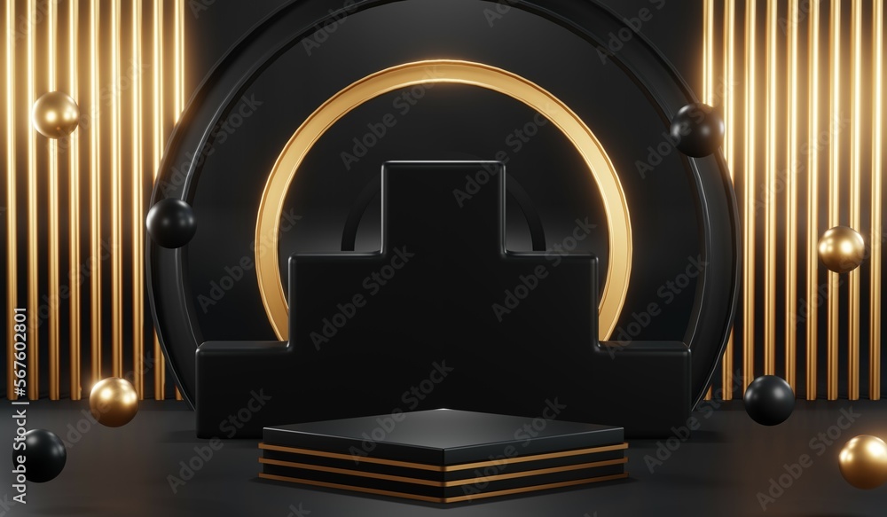 3d render of abstract realistic studio room with Luxury round pedestal stand podium with golden glitter in shape backdrop. Luxury black friday sale scene for product display presentation background 3d render of abstract realistic studio room with Luxury round pedestal stand podium with golden glitter in shape backdrop. Luxury black friday sale scene for product display presentation background