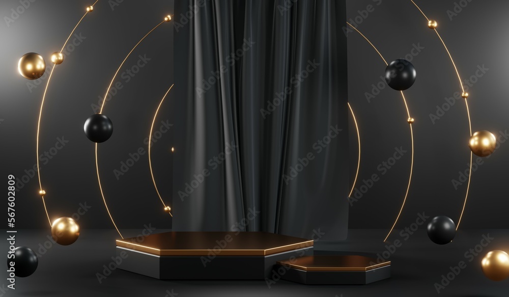 3d render of abstract realistic studio room with Luxury round pedestal stand podium with golden glitter in shape backdrop. Luxury black friday sale scene for product display presentation background 3d render of abstract realistic studio room with Luxury round pedestal stand podium with golden glitter in shape backdrop. Luxury black friday sale scene for product display presentation background