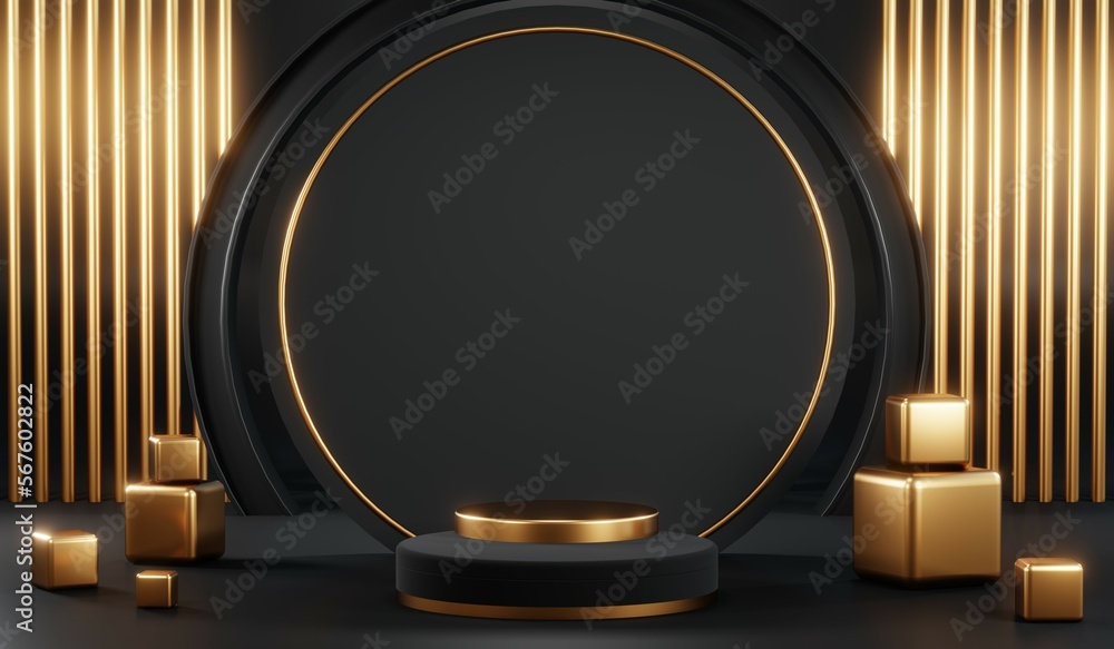 3d render of abstract realistic studio room with Luxury round pedestal stand podium with golden glitter in shape backdrop. Luxury black friday sale scene for product display presentation background 3d render of abstract realistic studio room with Luxury round pedestal stand podium with golden glitter in shape backdrop. Luxury black friday sale scene for product display presentation background