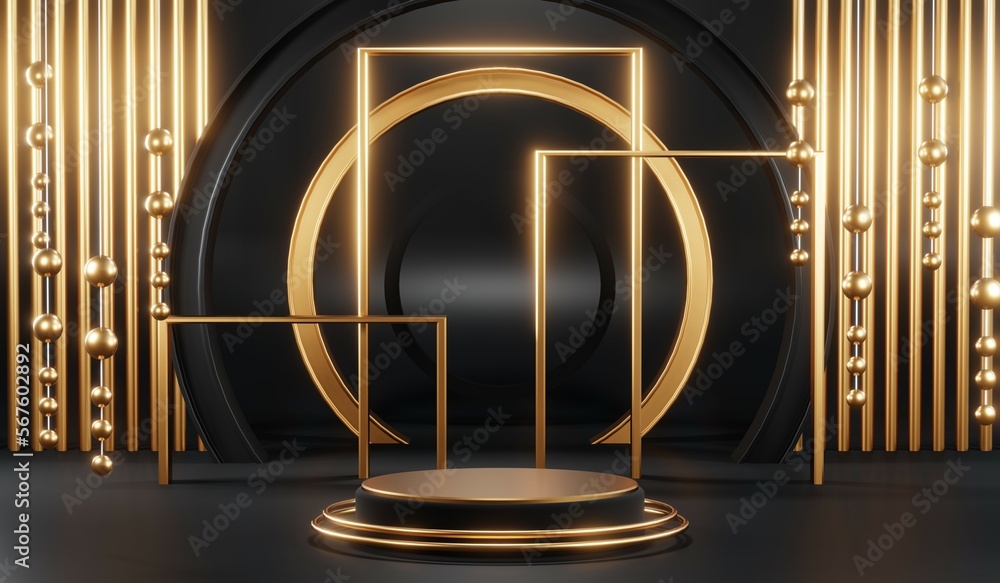 3d render of abstract realistic studio room with Luxury round pedestal stand podium with golden glitter in shape backdrop. Luxury black friday sale scene for product display presentation background 3d render of abstract realistic studio room with Luxury round pedestal stand podium with golden glitter in shape backdrop. Luxury black friday sale scene for product display presentation background