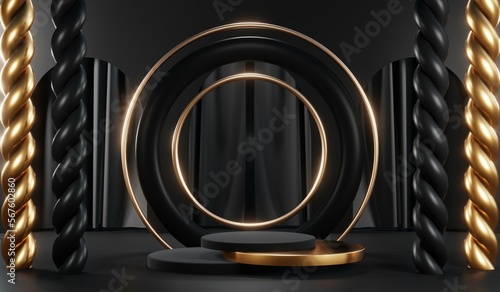 Wallpaper Mural 3d render of abstract realistic studio room with Luxury round pedestal stand podium with golden glitter in shape backdrop. Luxury black friday sale scene for product display presentation background Torontodigital.ca