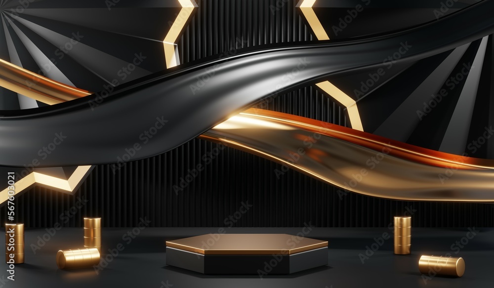 Fototapeta premium 3d render of abstract realistic studio room with Luxury round pedestal stand podium with golden glitter in shape backdrop. Luxury black friday sale scene for product display presentation background