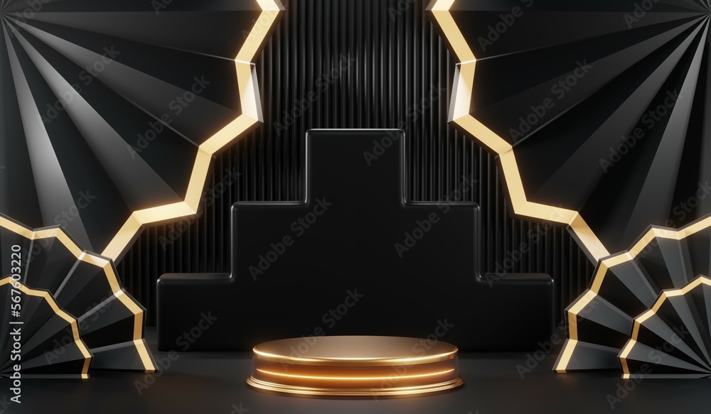 3d render of abstract realistic studio room with Luxury round pedestal stand podium with golden glitter in shape backdrop. Luxury black friday sale scene for product display presentation background 3d render of abstract realistic studio room with Luxury round pedestal stand podium with golden glitter in shape backdrop. Luxury black friday sale scene for product display presentation background