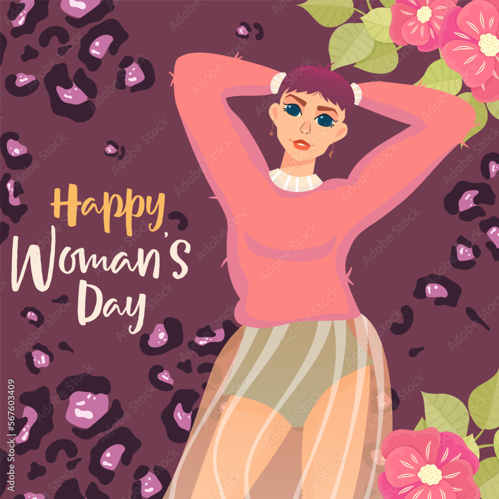 Womans day postcard templates with flower and leopard. Girl on greeting card with flower. Flat vector illustration. International Women's Day