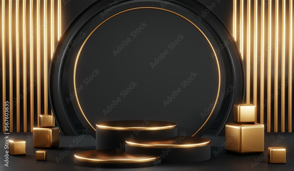 3d render of abstract realistic studio room with Luxury round pedestal stand podium with golden glitter in shape backdrop. Luxury black friday sale scene for product display presentation background 3d render of abstract realistic studio room with Luxury round pedestal stand podium with golden glitter in shape backdrop. Luxury black friday sale scene for product display presentation background