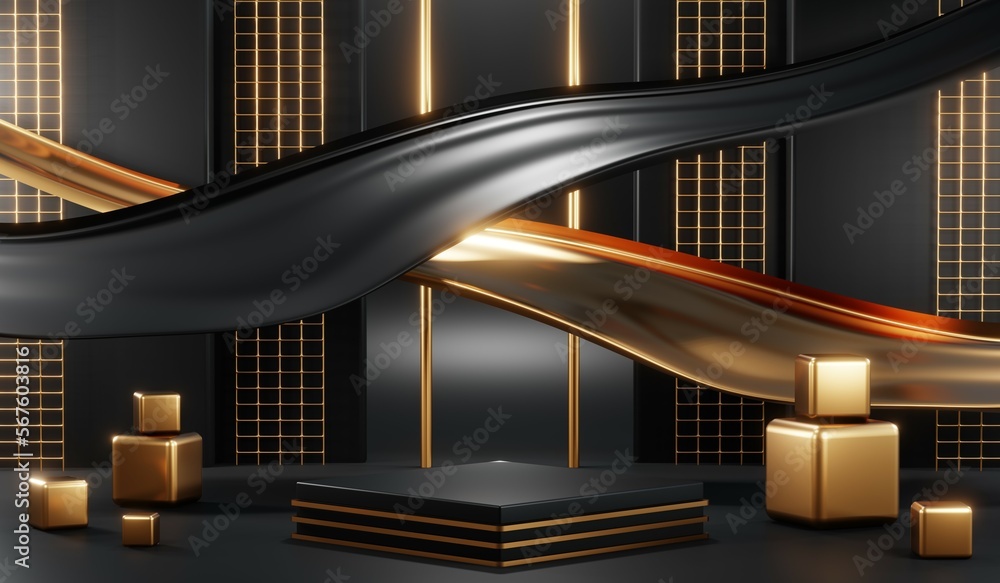 Obraz premium 3d render of abstract realistic studio room with Luxury round pedestal stand podium with golden glitter in shape backdrop. Luxury black friday sale scene for product display presentation background