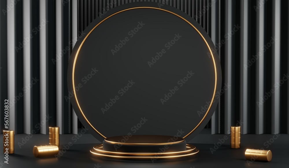 3d render of abstract realistic studio room with Luxury round pedestal stand podium with golden glitter in shape backdrop. Luxury black friday sale scene for product display presentation background