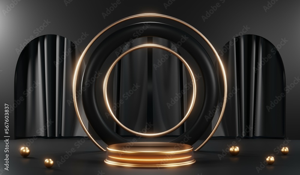 3d render of abstract realistic studio room with Luxury round pedestal stand podium with golden glitter in shape backdrop. Luxury black friday sale scene for product display presentation background 3d render of abstract realistic studio room with Luxury round pedestal stand podium with golden glitter in shape backdrop. Luxury black friday sale scene for product display presentation background